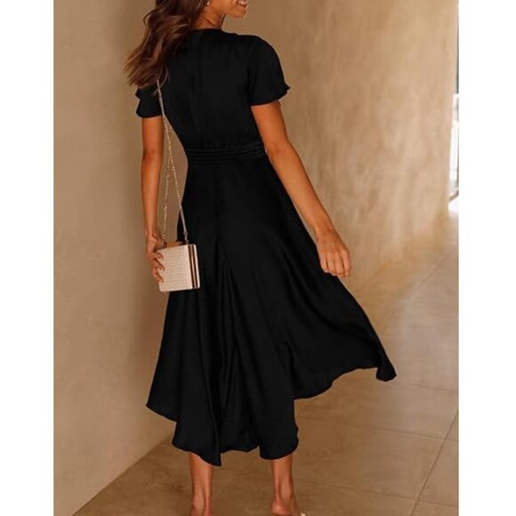 Satin V Neck Ruffle Short Sleeve Tie Front High Waist Midi A-Line Maxi Dresses - Picture 3 of 9